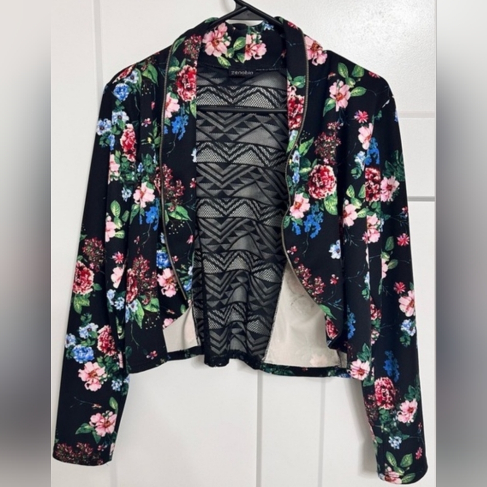 Zenobia Floral Print Full Lace Back Bolero with Zipper Trim Sz M